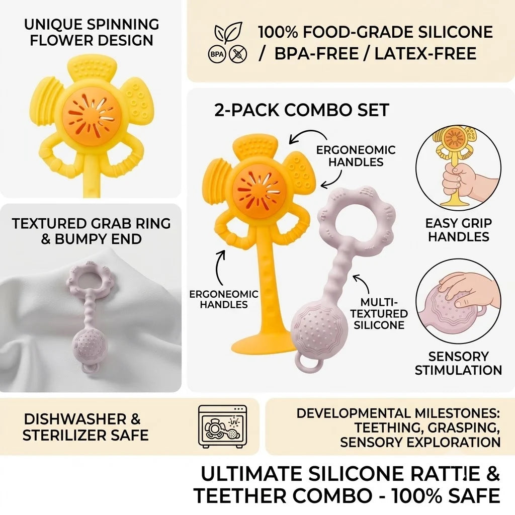 A product infographic for a 2-pack silicone rattle and teether combo. The graphic features two products: a yellow flower-shaped rattle and a light pink teether, both with ergonomic handles and textured silicone balls.