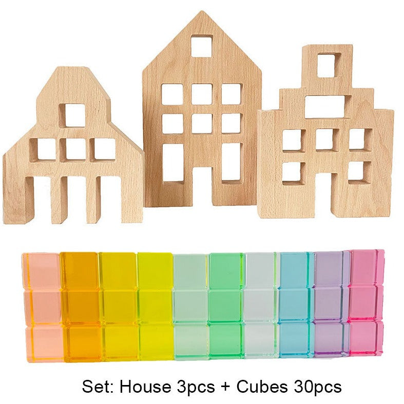 Acrylic Lucent Cubes with Wooden Houses and X Brick Set #1-35 Oliver & Company Toys