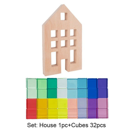 Acrylic Lucent Cubes with Wooden Houses and X Brick Set #1-35 Oliver & Company Toys