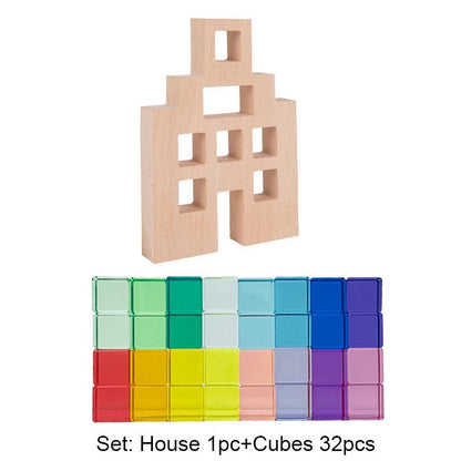 Wooden Dutch Houses and X Bricks with Lucite Cubes