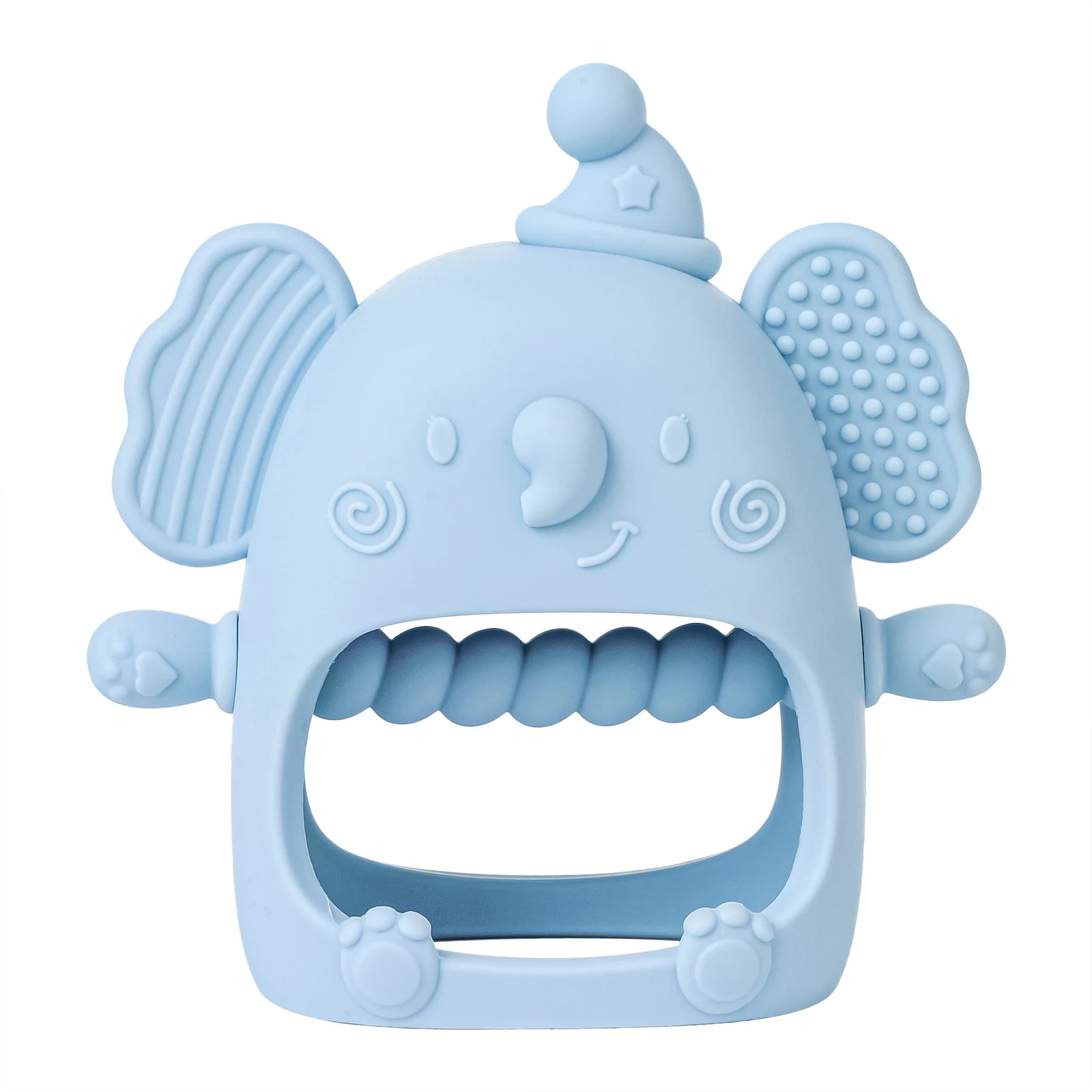 Blue silicone teething toy with a smiling face and textured surface on a white background