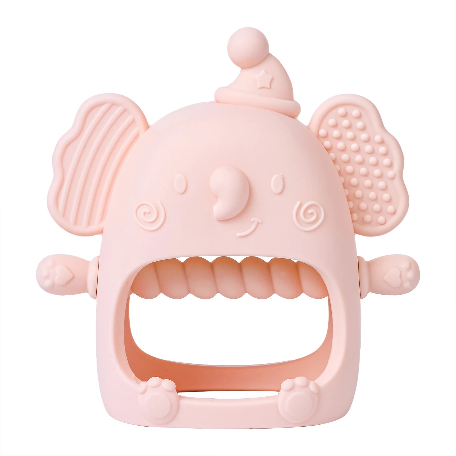 Pink elephant-shaped teething toy on a white background