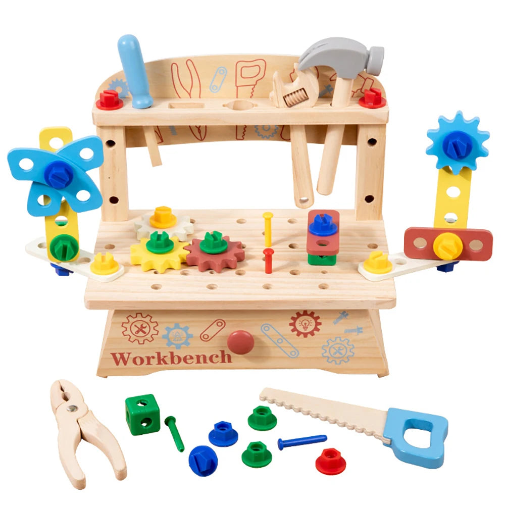 Wooden Tool Bench for Kids Pretend Play Construction Toy