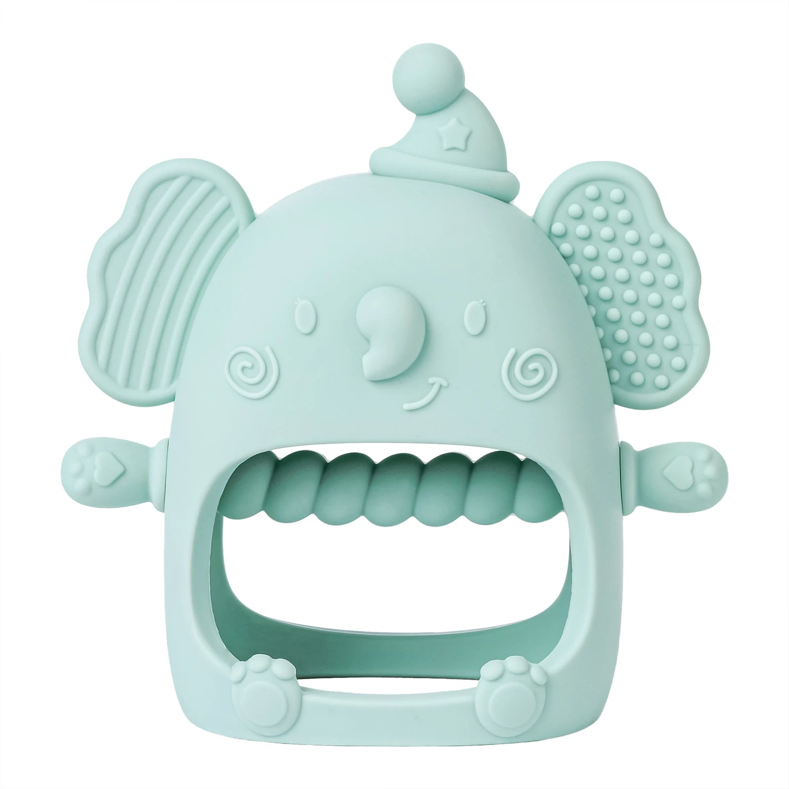 Teething toy with a cartoonish design on a white background