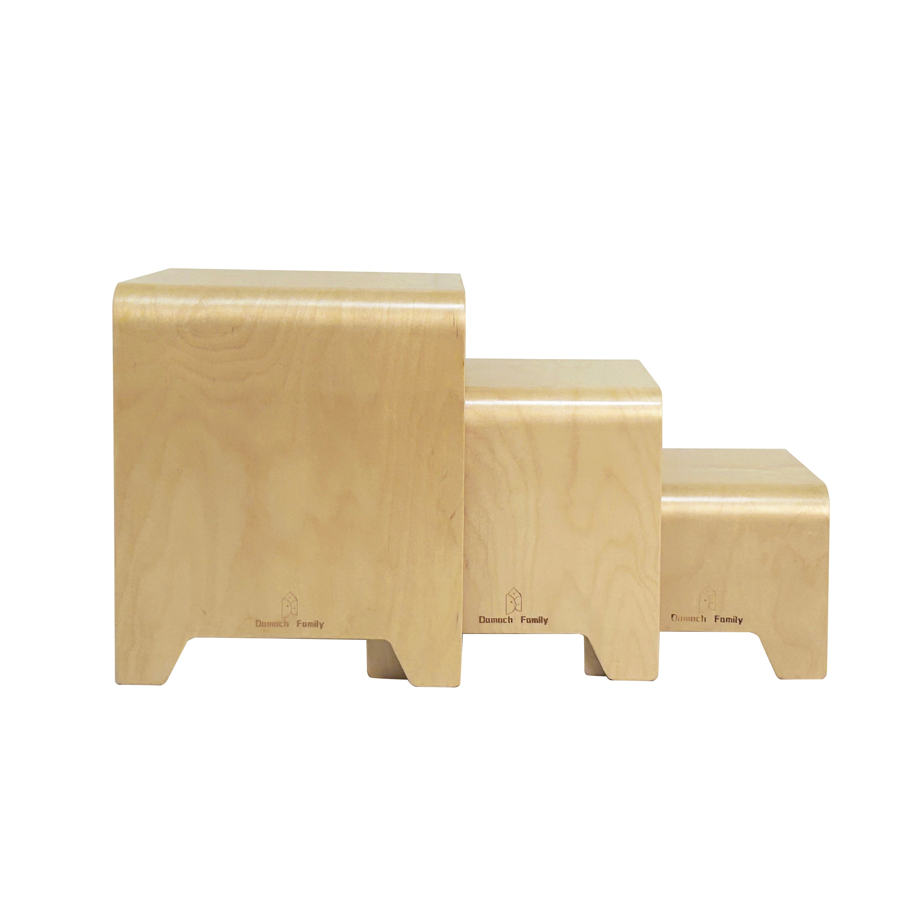 Set of three wooden boxes on a white background