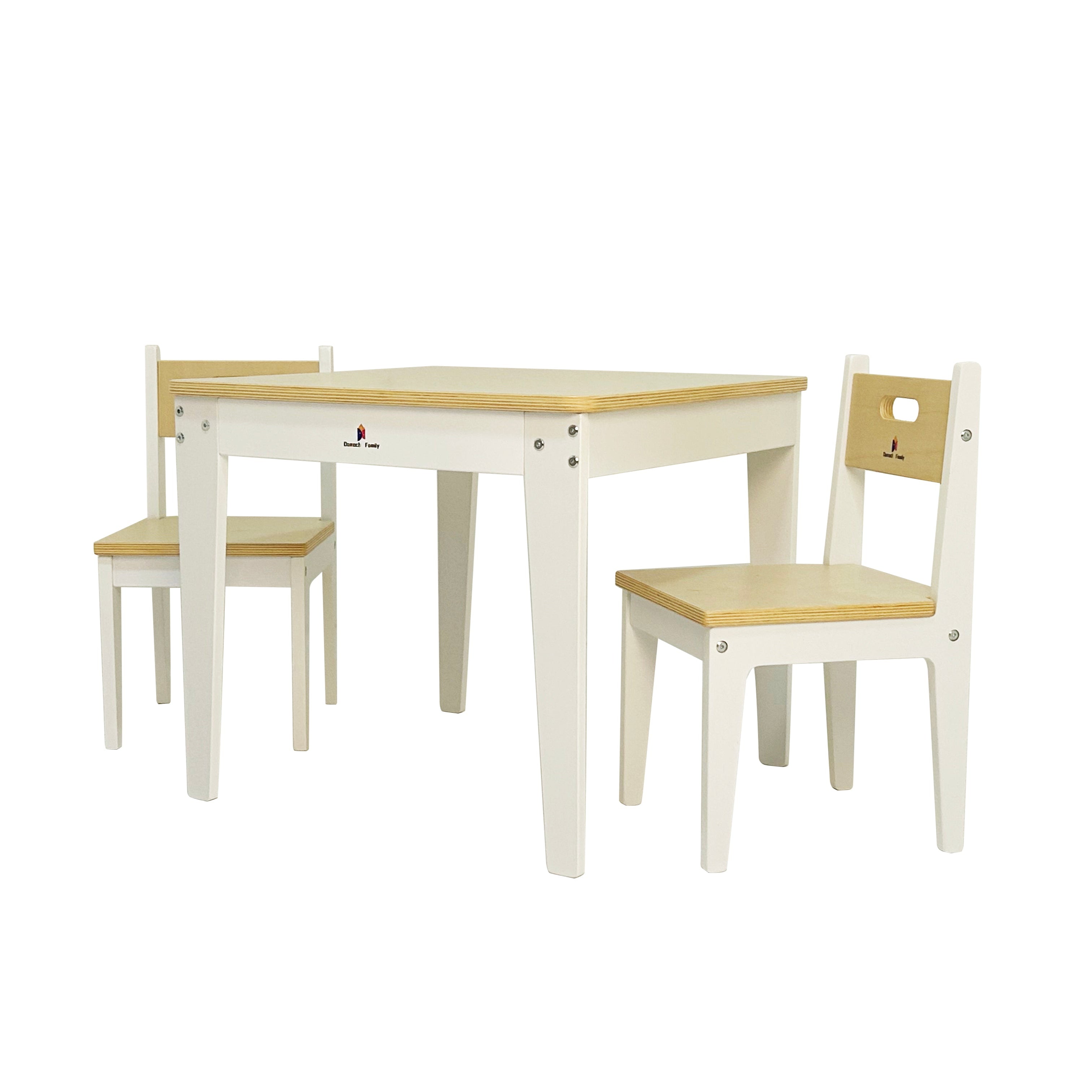 White table with wooden top and two matching chairs on a white background