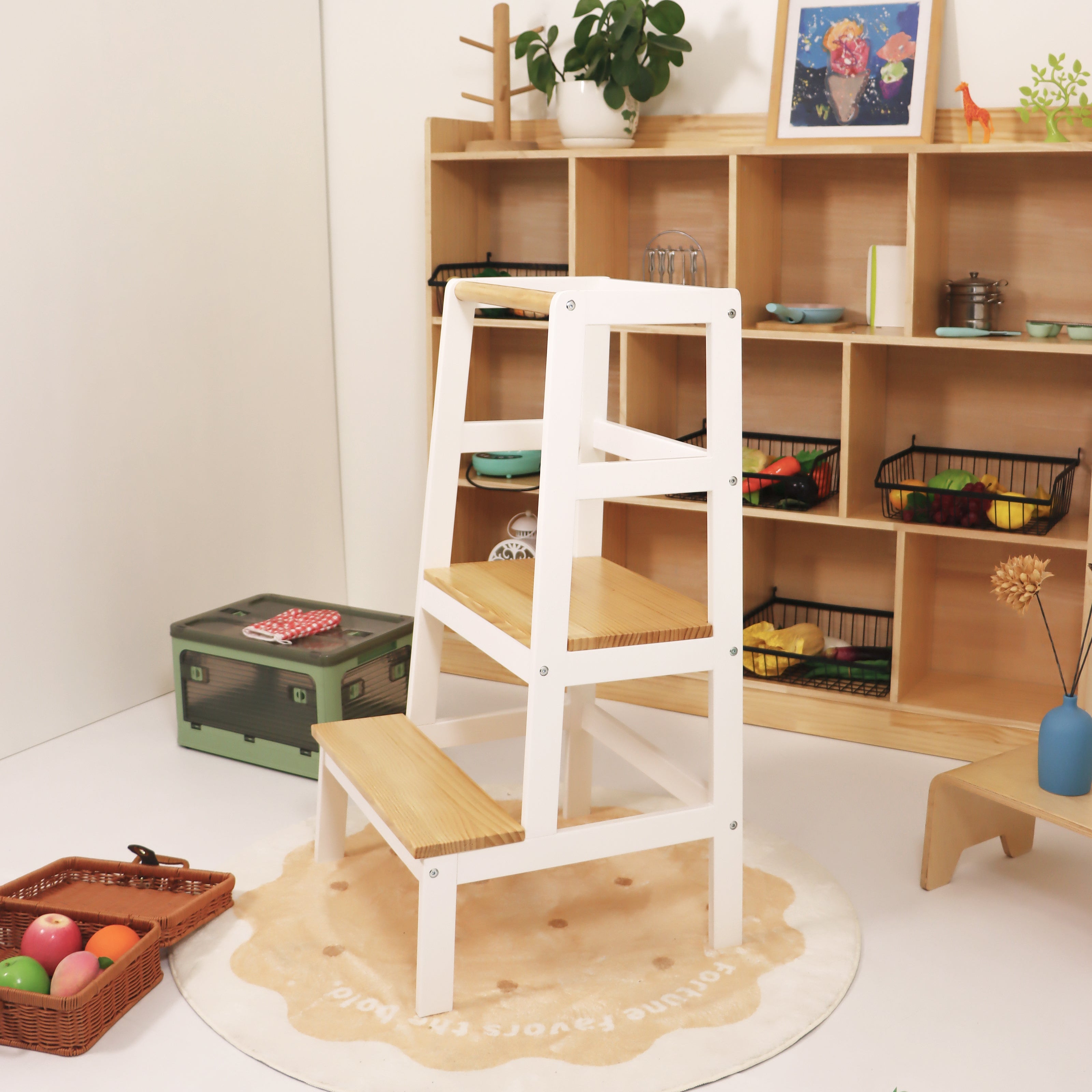 White step stool with wooden seat in a room with shelves and decor