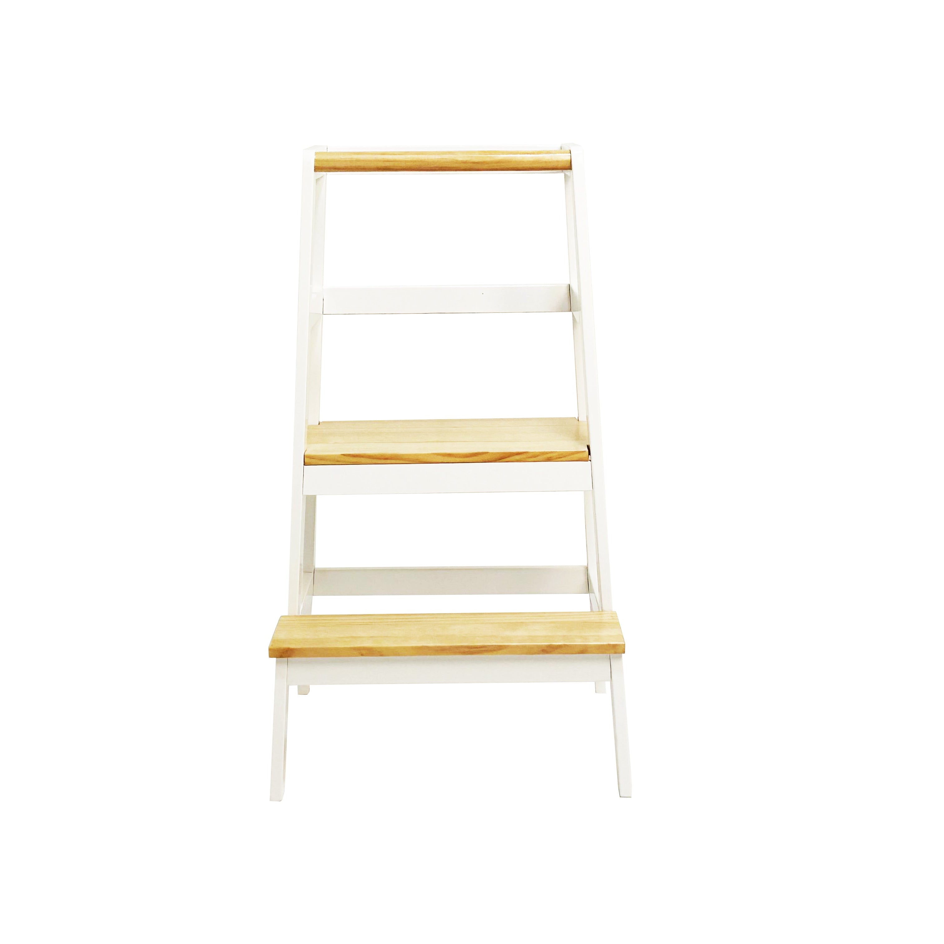 White step ladder with wooden steps on a white background