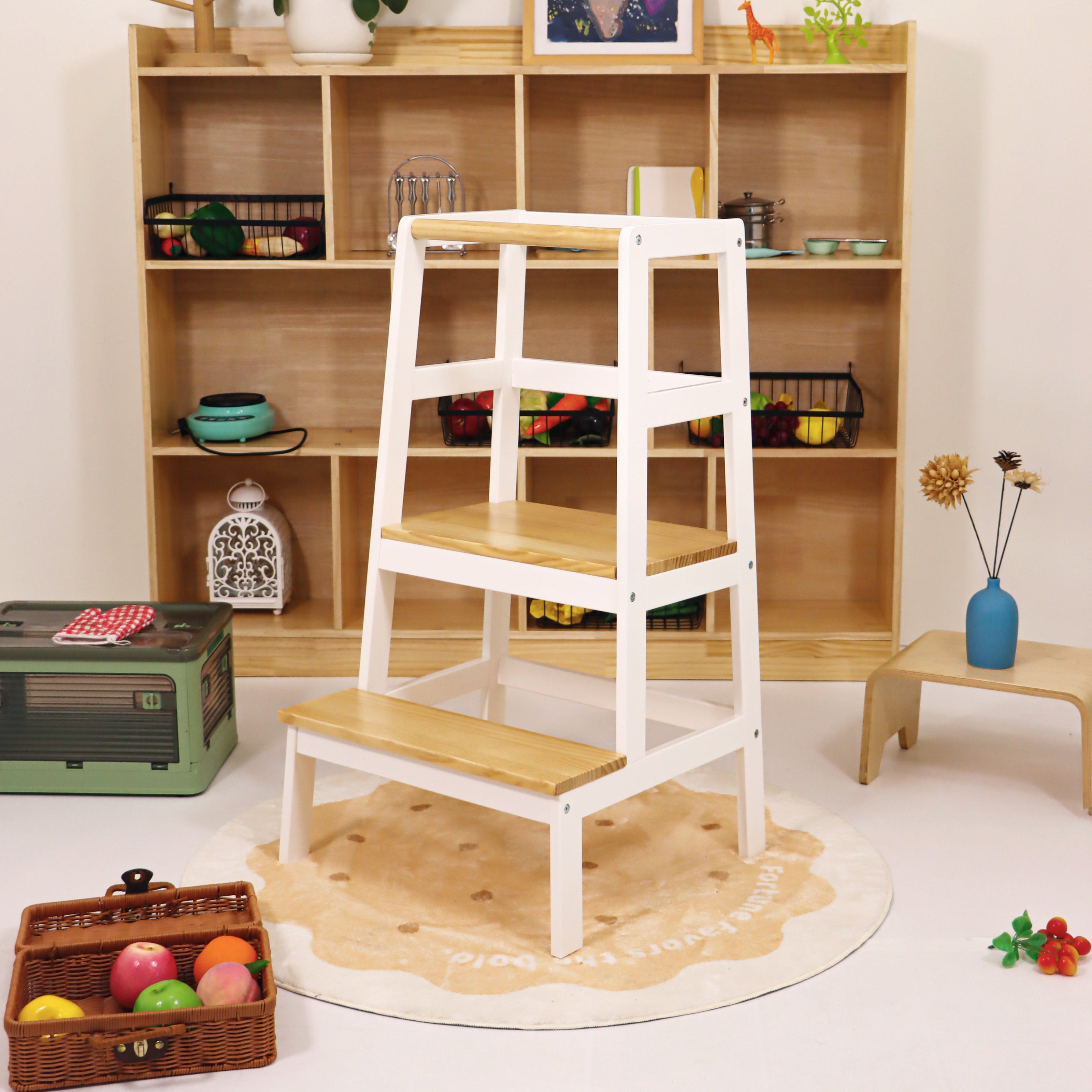 Wooden bookshelf with decorative items and a white ladder in a room setting.
