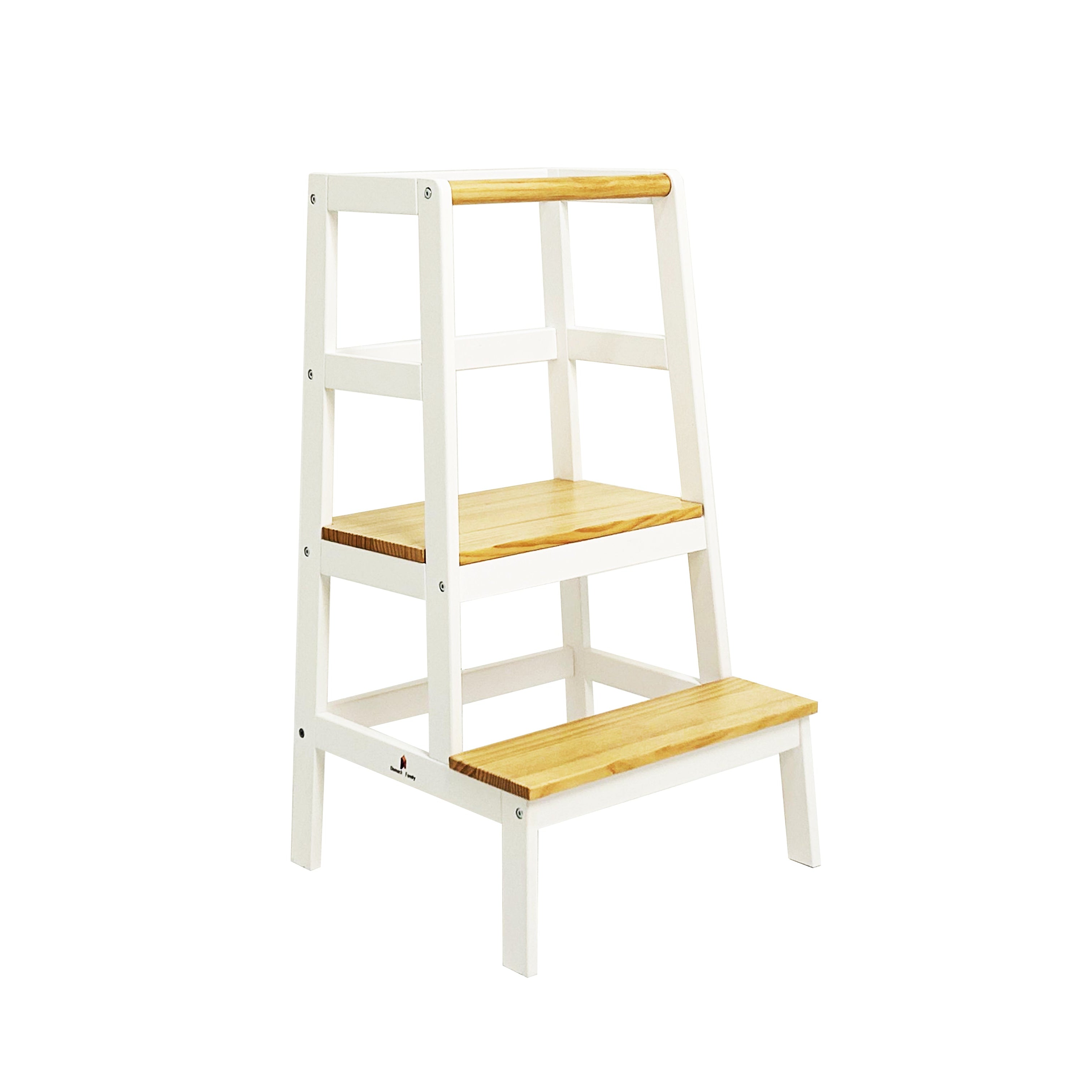 White step ladder with wooden rungs on a white background