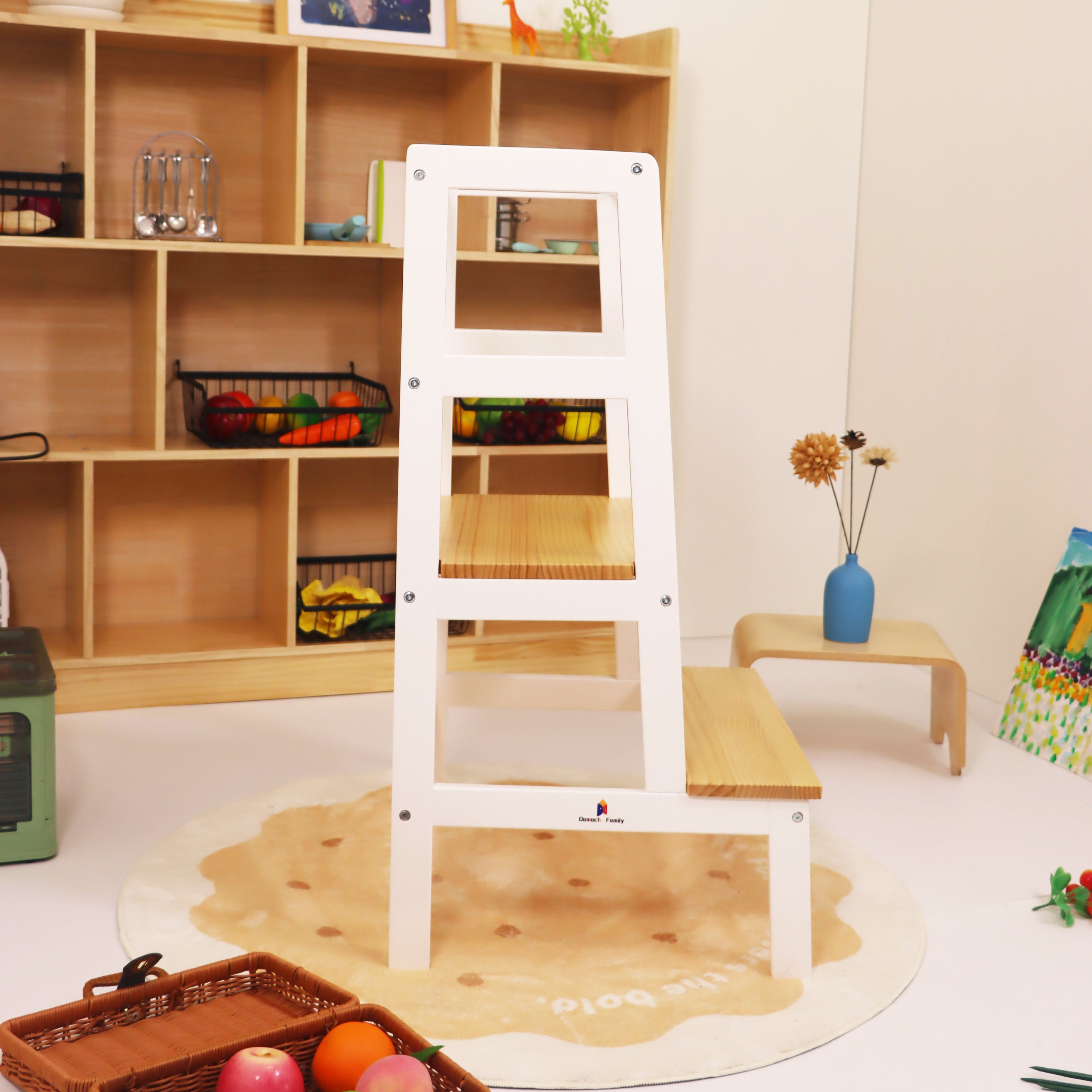 Wooden ladder in a room with shelves, plants, and decorative items.