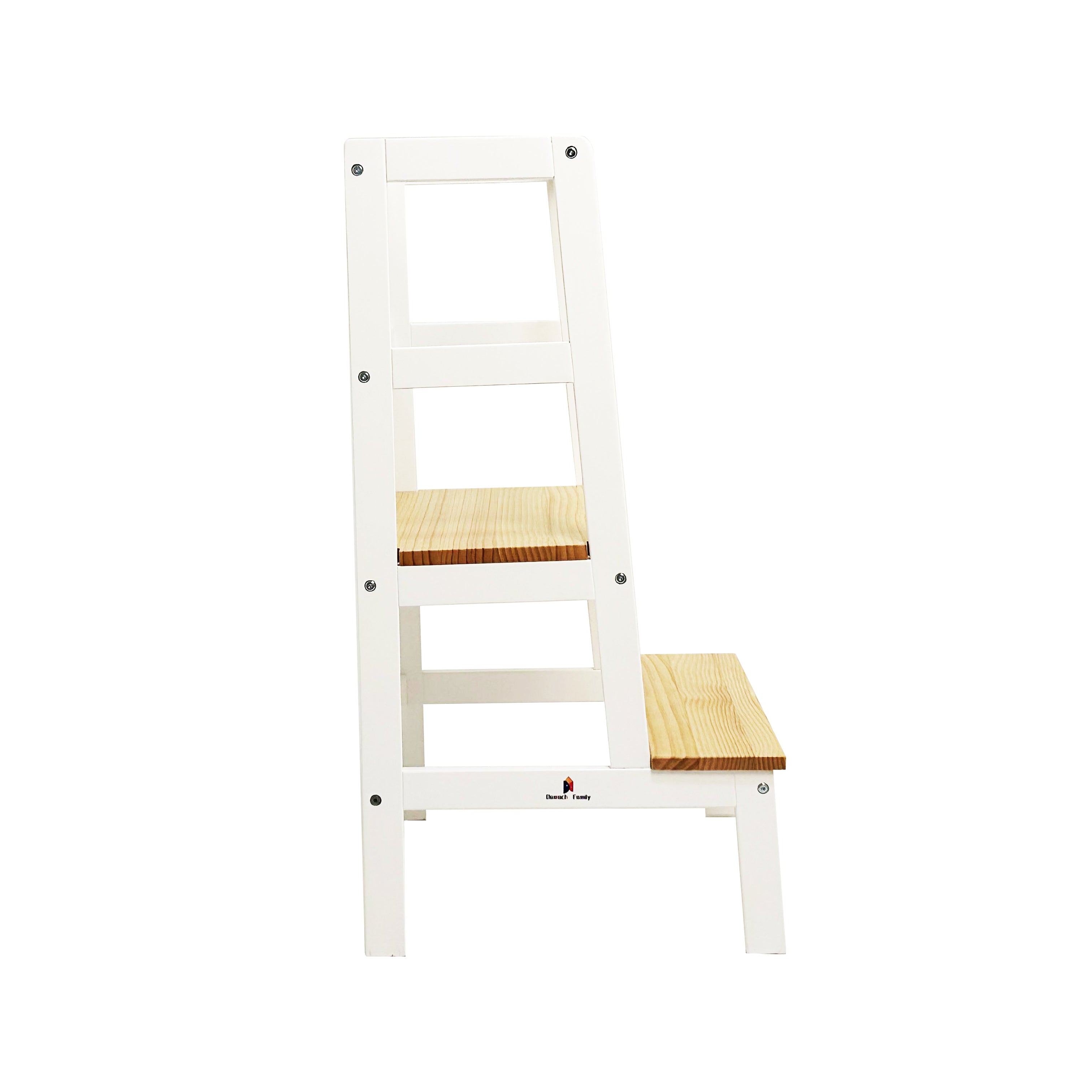 White step ladder with wooden rungs on a white background