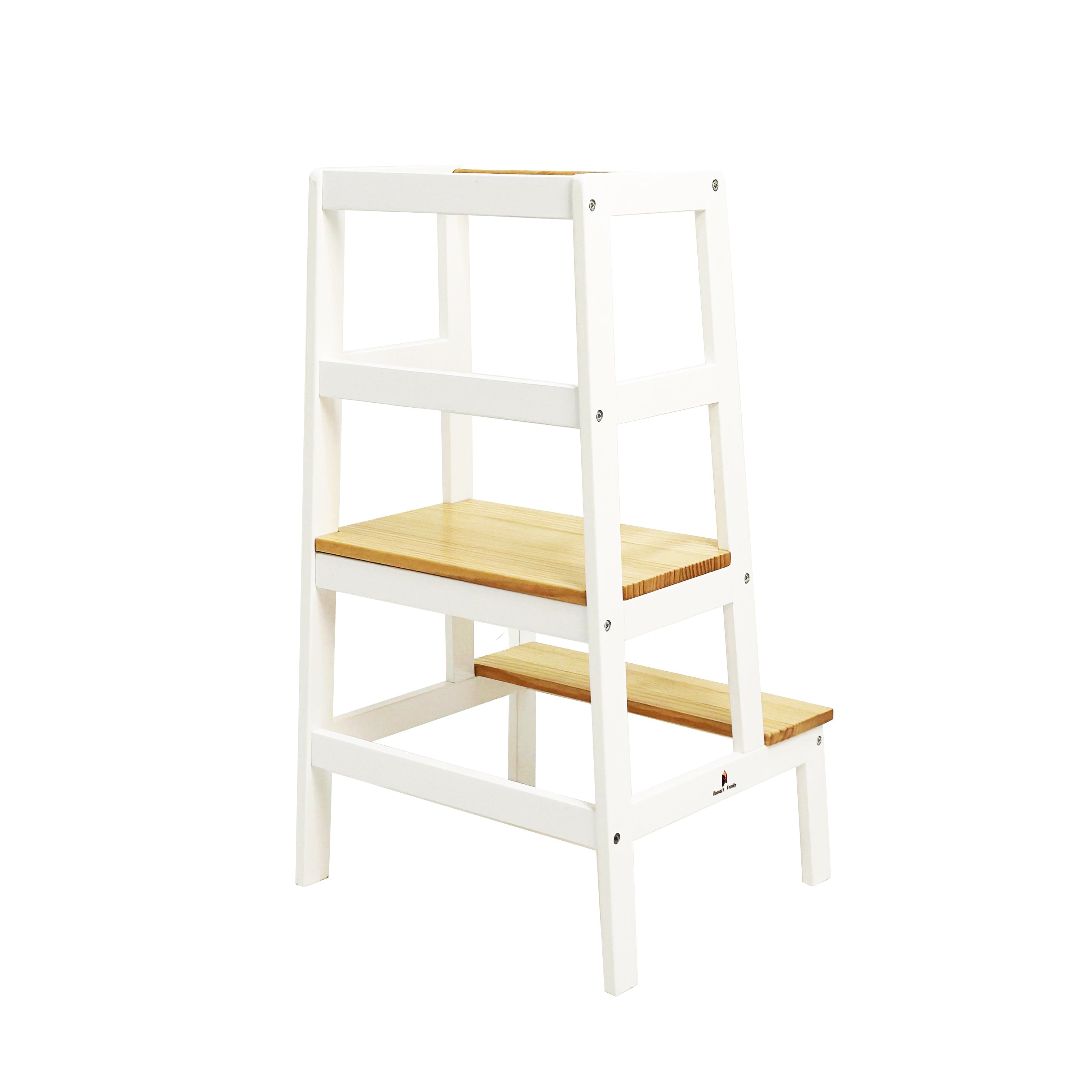 White kitchen step stool with wooden seat and platform on a white background