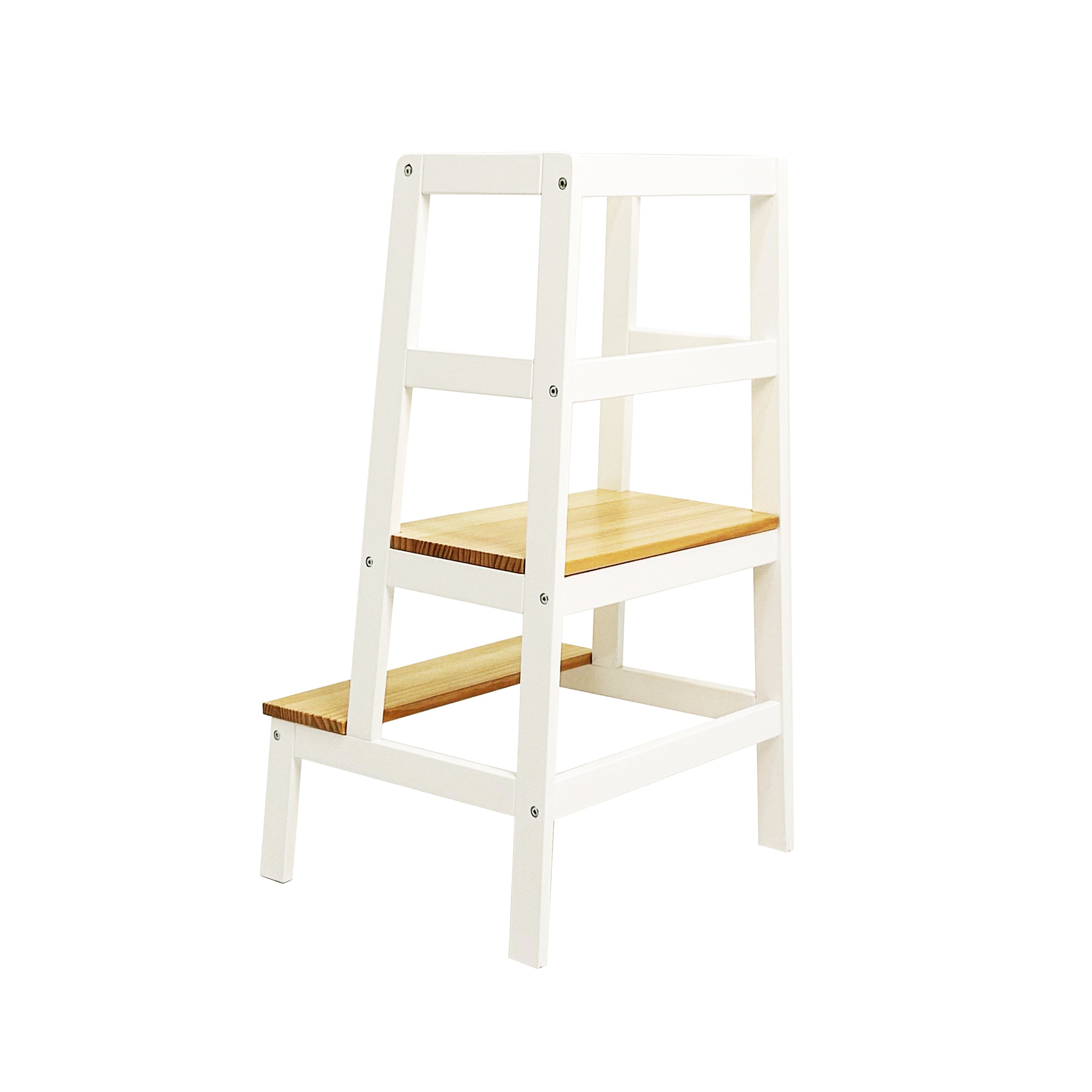 White step stool with wooden steps on a white background
