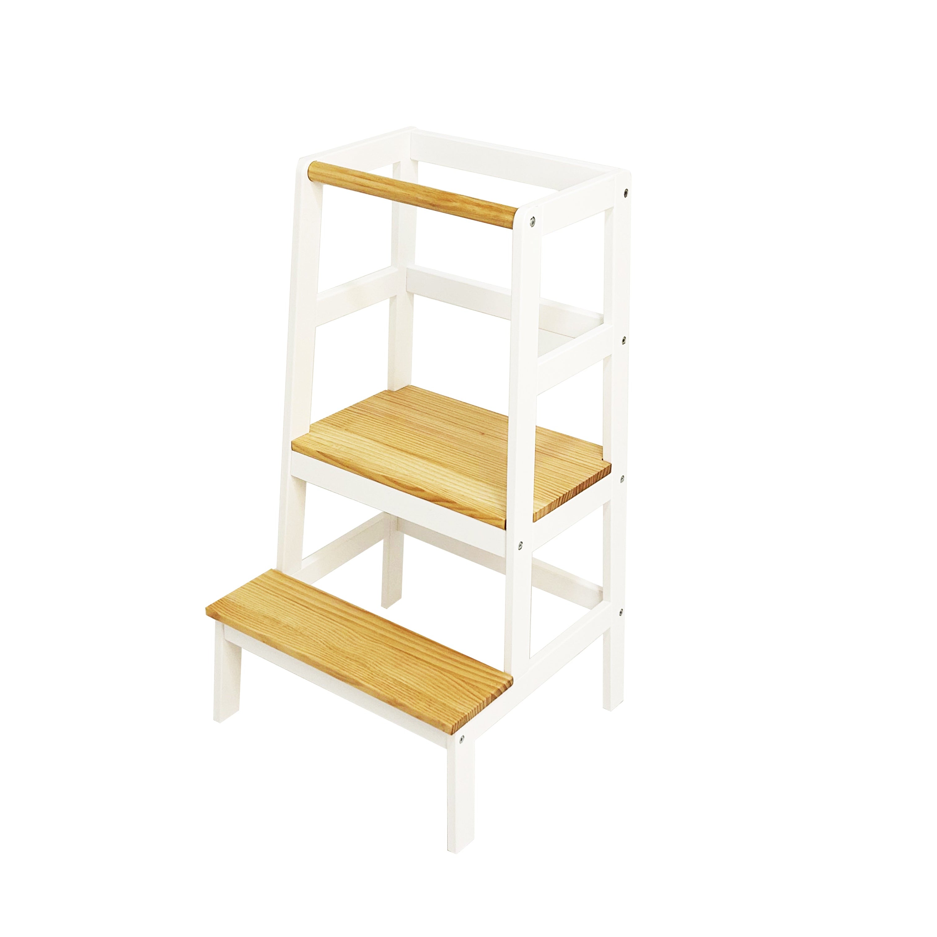 White step ladder with wooden rungs on a white background