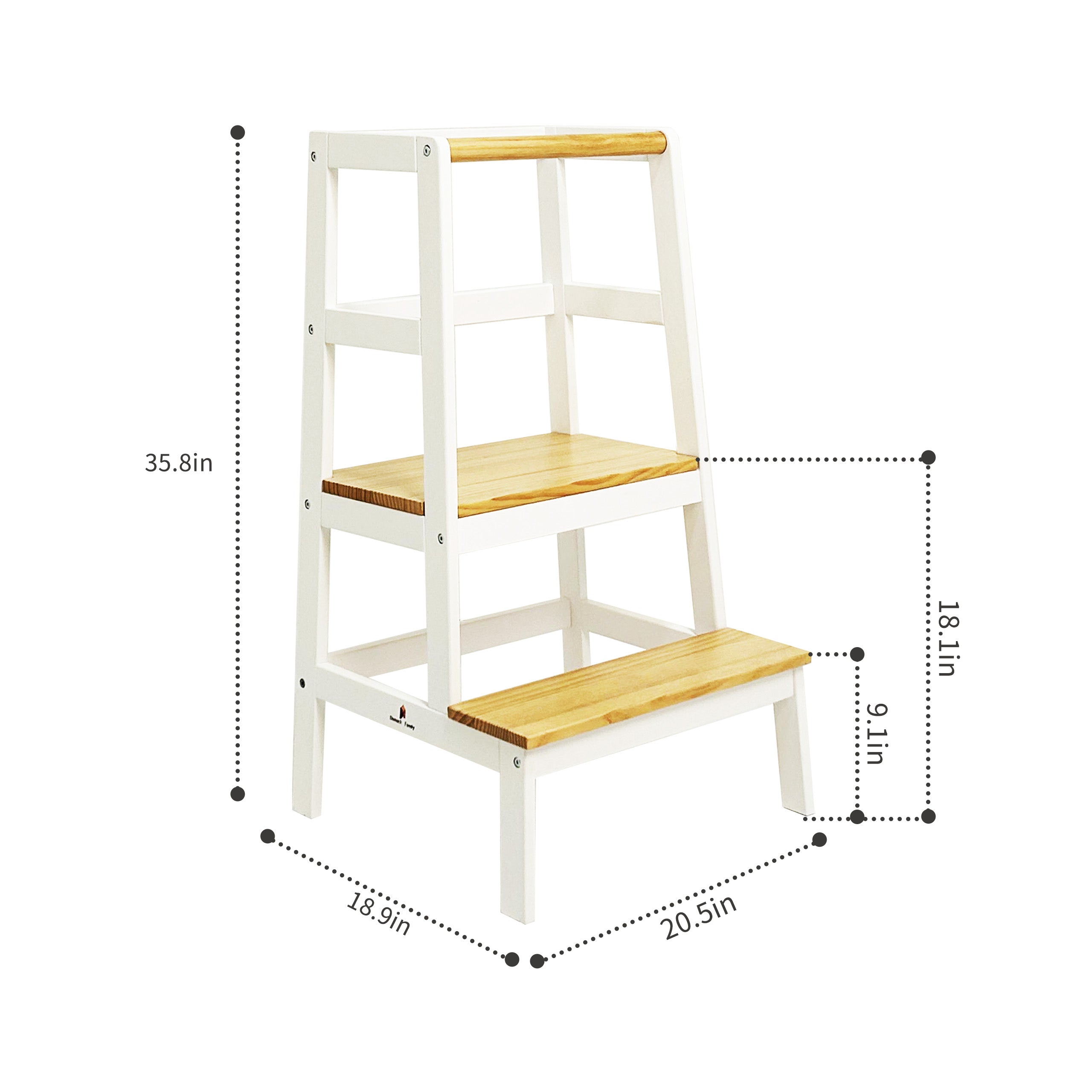 White step ladder with wooden rungs and measurements on a white background