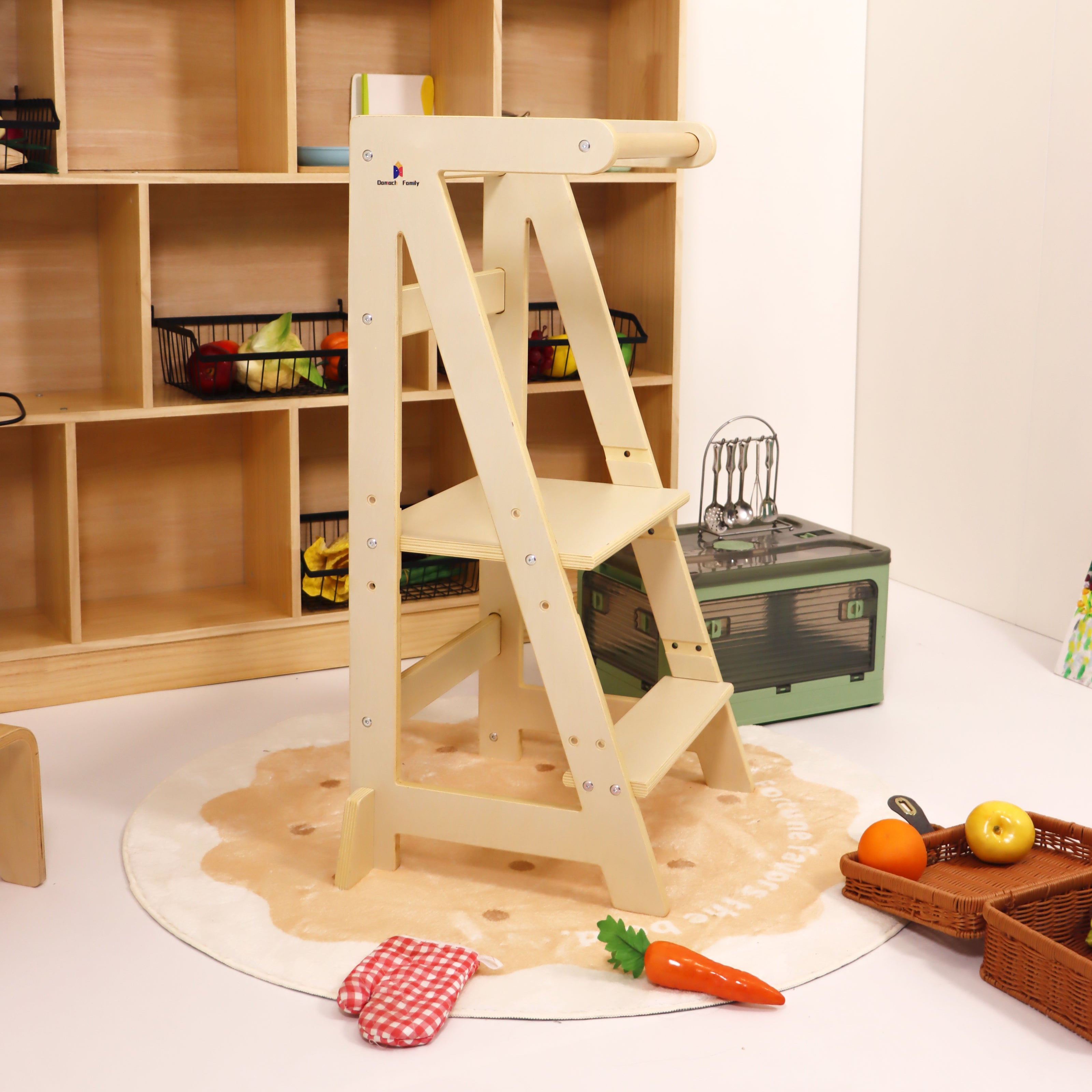 Wooden ladder against a light-colored wall with a shelf and various items in the background.