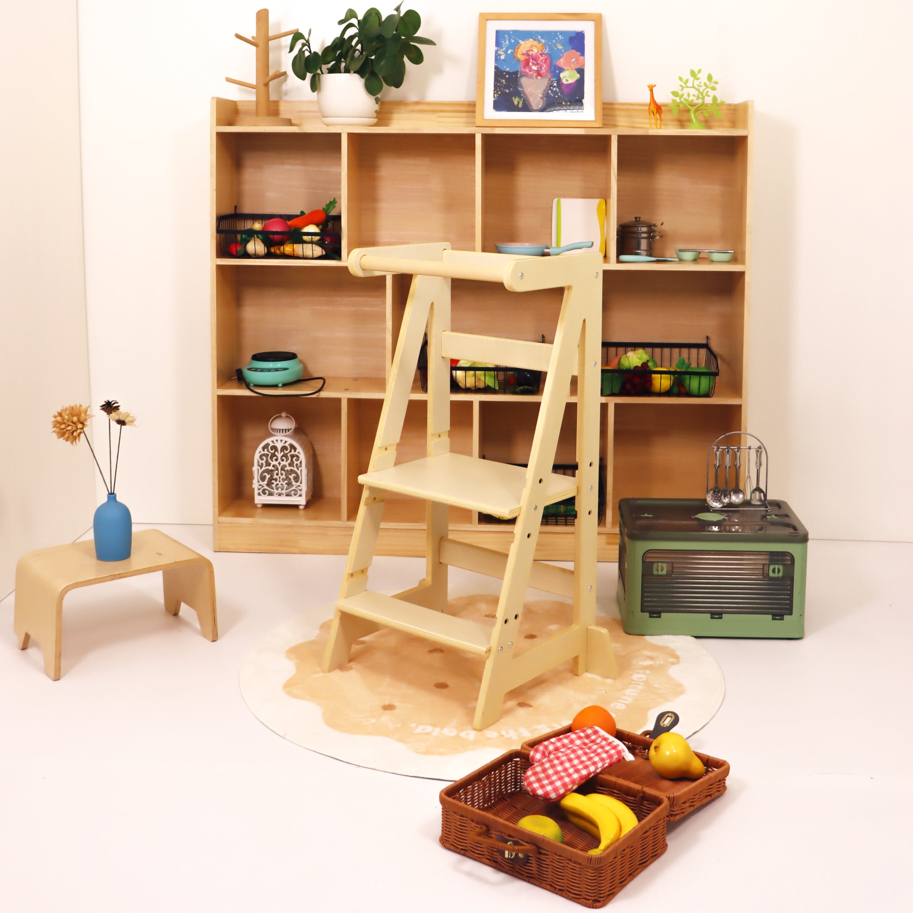 Wooden bookshelf with a ladder in a room setting