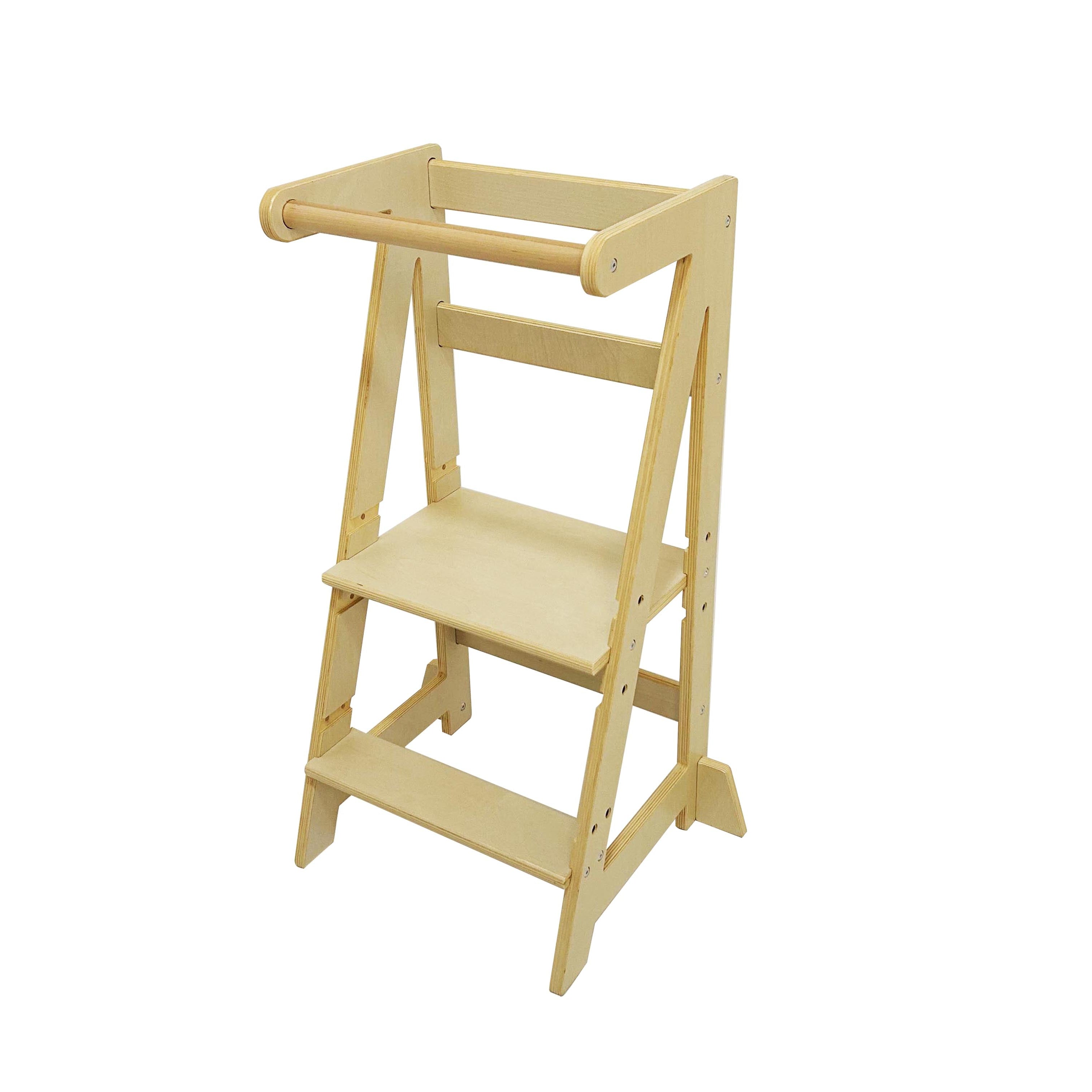 Wooden step stool with a tray on a white background