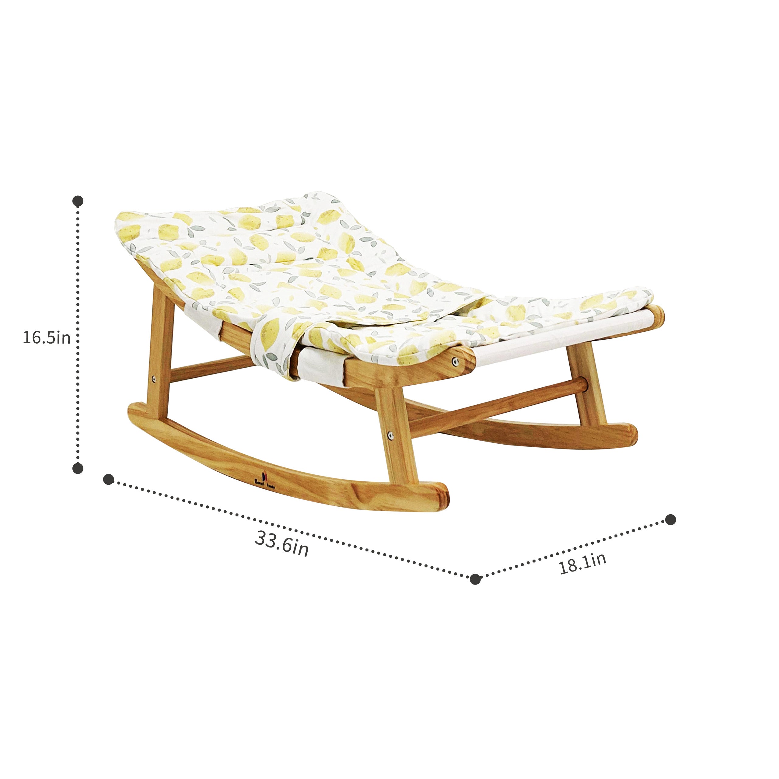 Wooden baby rocker with a patterned cushion, shown with dimensions on a white background.