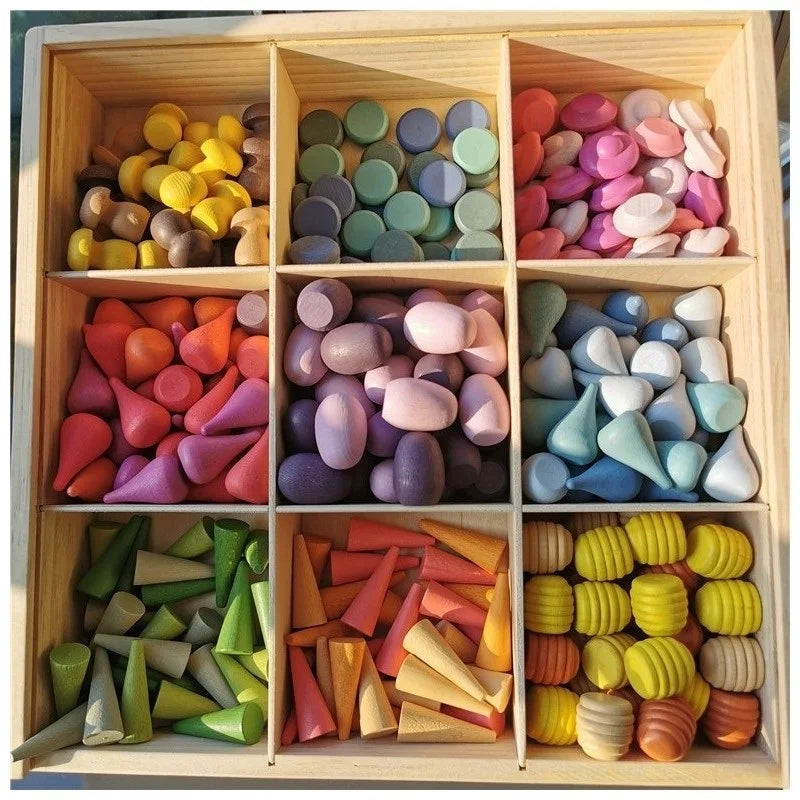 Colorful wooden shape sorting toys in a wooden box