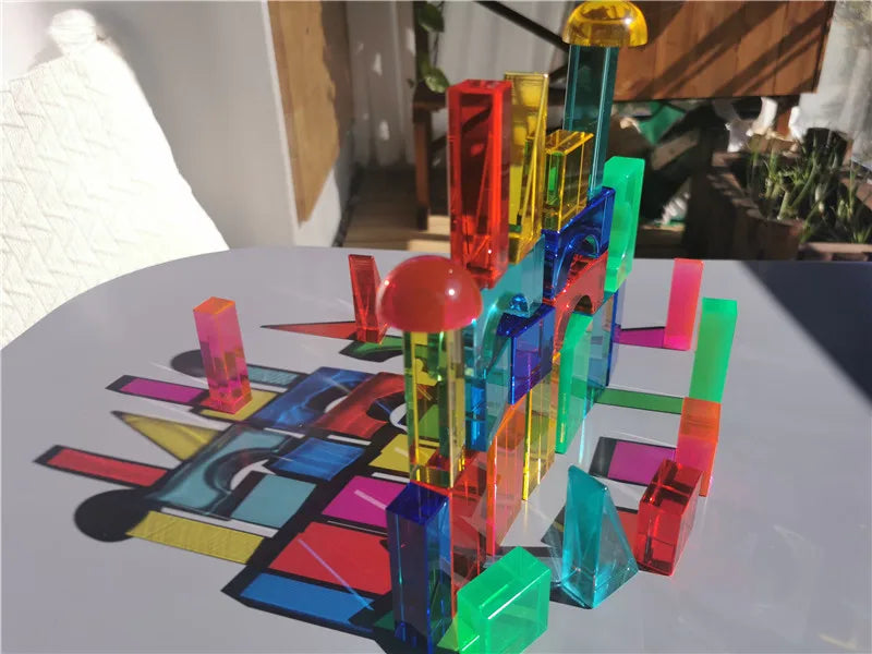 Rainbow Acrylic Geometric Blocks Set – Montessori Transparent Stacking Toy