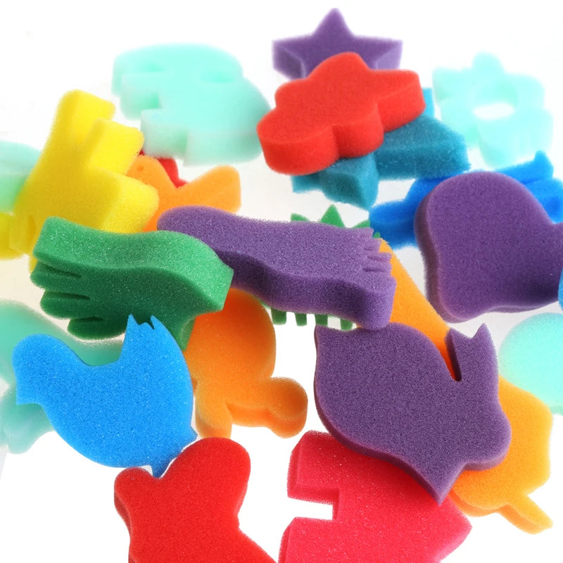 24 Pcs Kids Sponge Set for art and crafts, featuring colorful, pattern-shaped sponges to inspire creativity and imaginative play for children aged 3 and up.