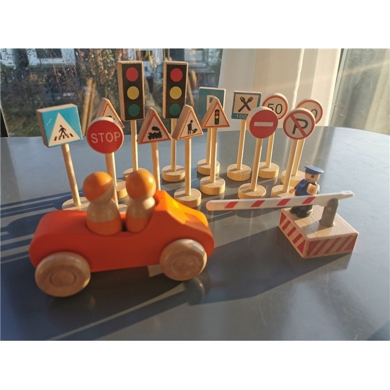 Wooden Montessori Cars and Street Signs with Peg Dolls