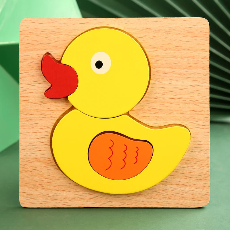 Wooden duck puzzle toy on a green background