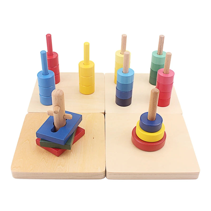 Four Montessori dowel activities with colored discs