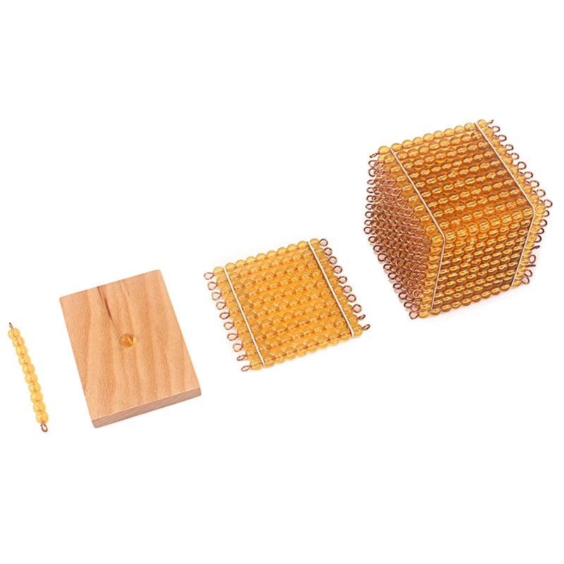 Golden bead unit, ten bar, hundred square and thousand cube