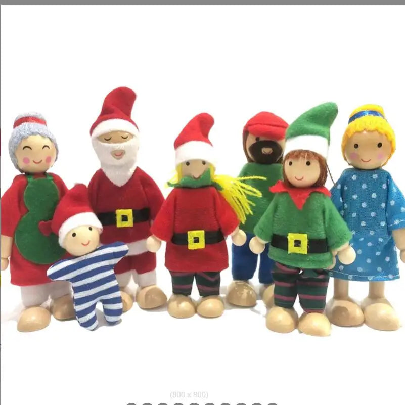 Set of colorful Christmas-themed dolls in various outfits on a white background