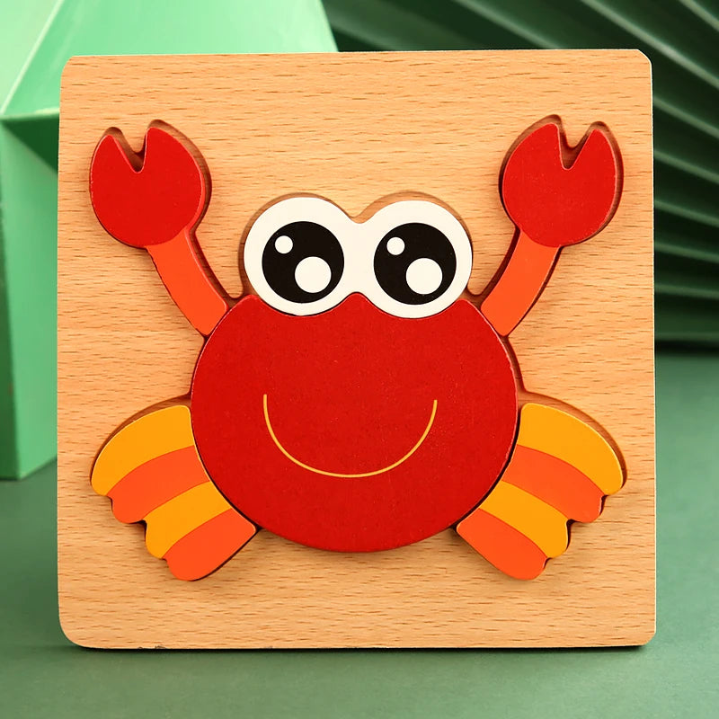 Wooden crab puzzle on a green background
