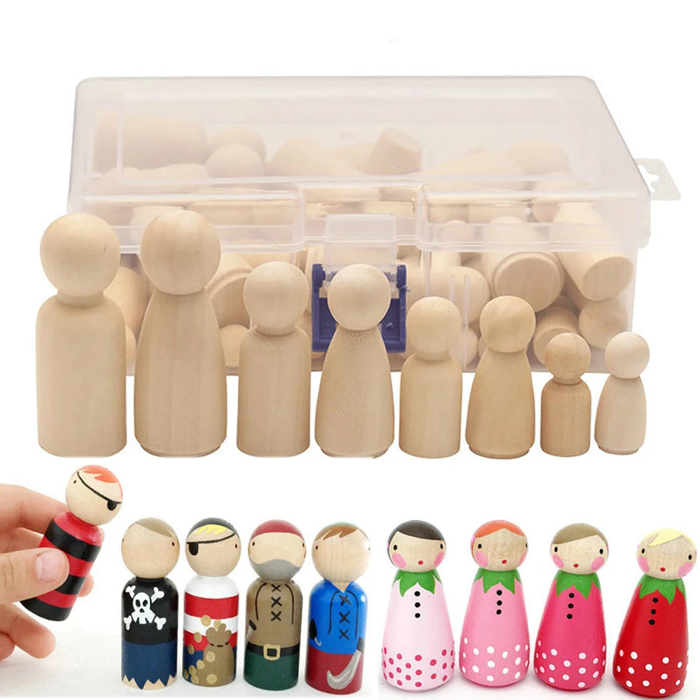 50pcs Unpainted Wooden Peg Dolls displayed, showcasing various shapes ideal for painting and personalizing. Crafted from natural wood, perfect for creative, safe crafting activities.