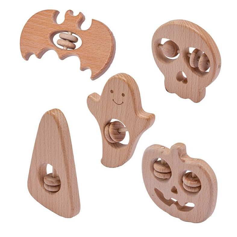 5Pcs Montessori Halloween Wooden Baby Teethers Media 1 of 12