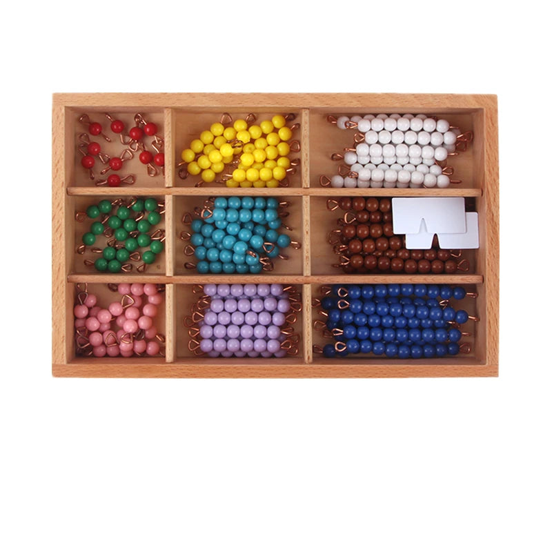 Colored Montessori bead bars sorted in a wooden box