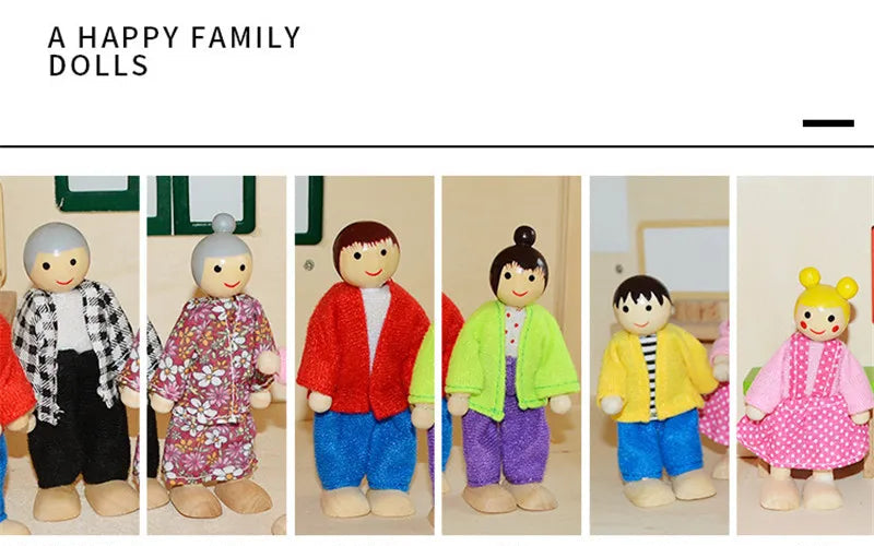 Set of dolls labeled with family roles on a white background