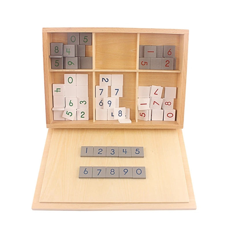 Checkerboard number tiles in a wooden box with tiles laid out