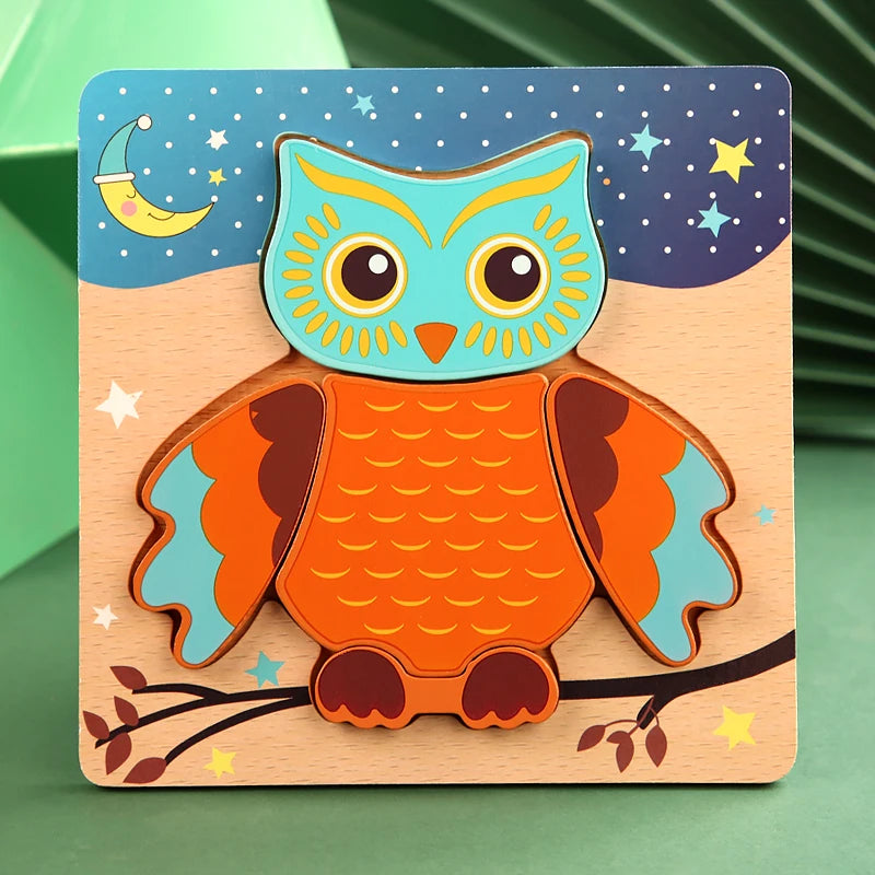 Wooden owl puzzle with colorful design on a green background