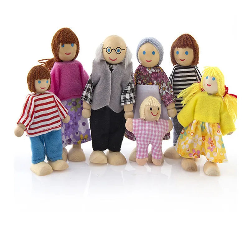 Set of toy family figures with different clothing colors on a white background