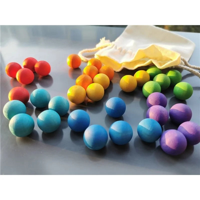 Rainbow Wooden Balls - Natural Wood Marbles Set