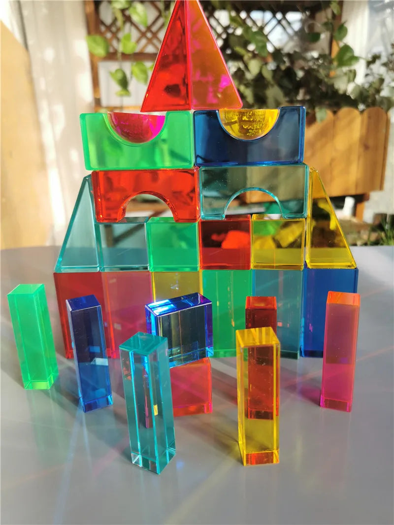 Rainbow Acrylic Geometric Blocks Set – Montessori Transparent Stacking Toy
