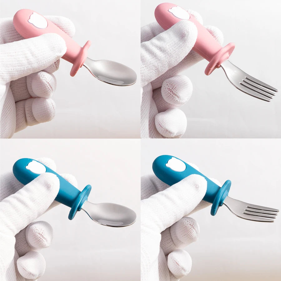 Collage of hands using pink and blue baby utensils with training devices on a white background