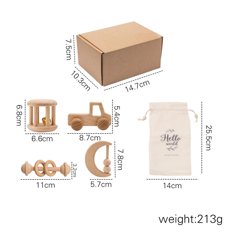 Montessori Baby Beech Wood Rattle Sets displayed with a measuring tape, gift bag, and wooden toys, highlighting their eco-friendly and educational design.