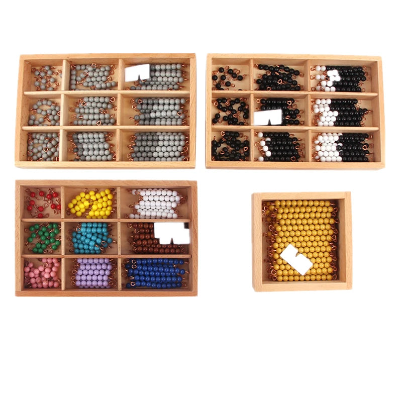 Montessori bead bar sets in gray, black and white, colored and golden