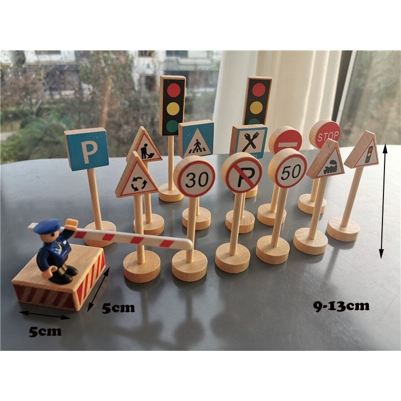 Wooden Montessori Cars and Street Signs with Peg Dolls