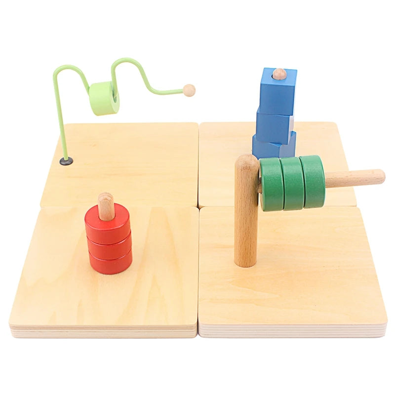Disc on wire, cube stacker and discs on dowels