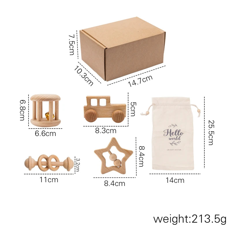 Montessori Baby Beech Wood Rattle Sets in a box with a gift bag, featuring wooden toy car and star, promoting fine motor skills and auditory senses.