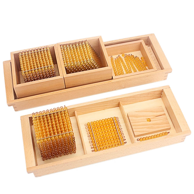 Golden bead decimal sets in wooden trays