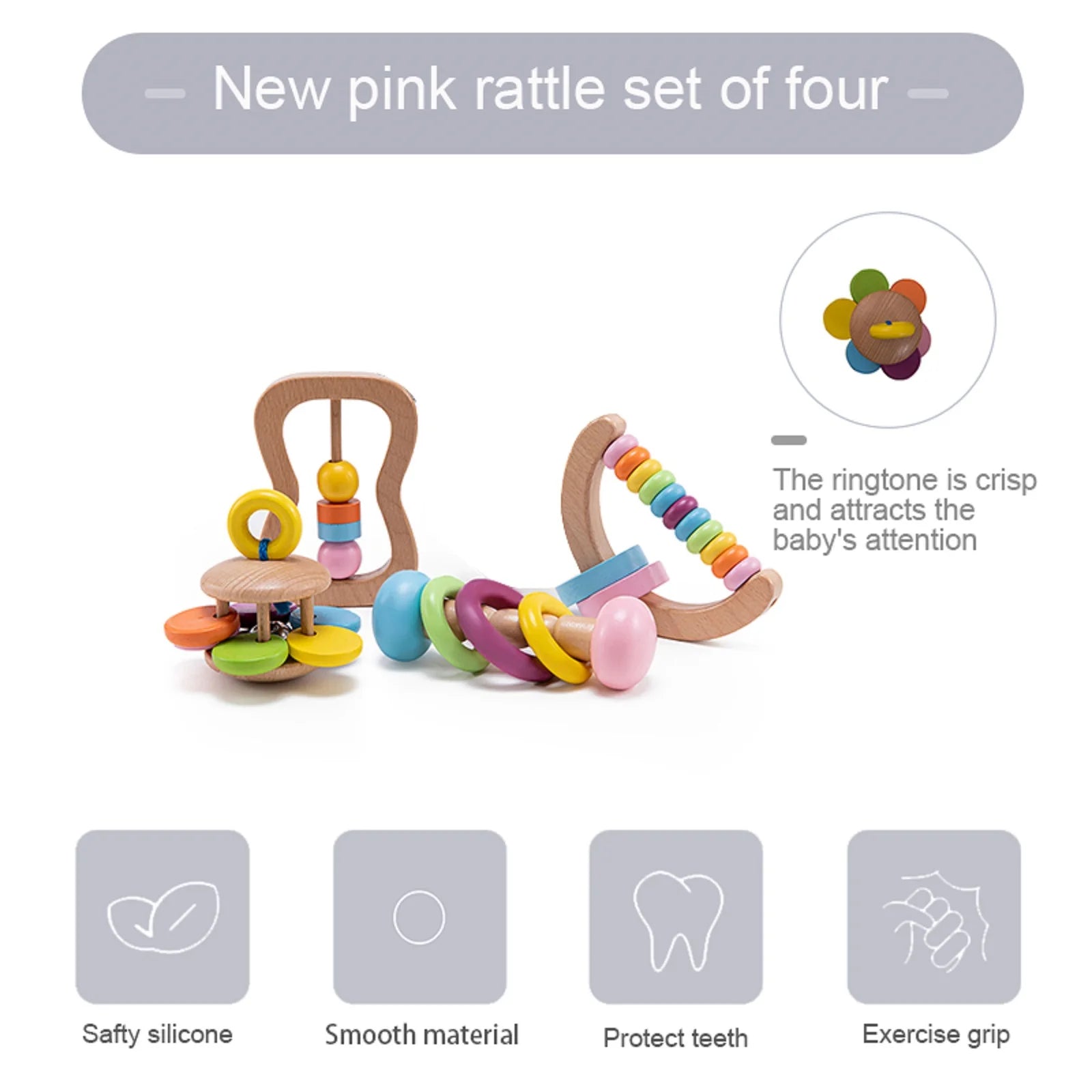 Set of four colorful baby rattles with text and icons indicating features.